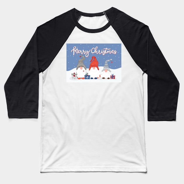 Three Merry Christmas Gnomes with Snowflakes and Presents on Pale Blue Baseball T-Shirt by NattyDesigns